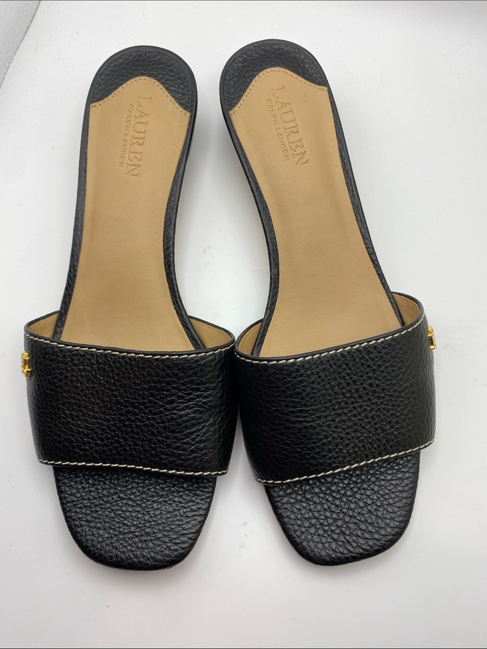 Lauren Ralph Lauren Black Leather Open-Toe Slide Mules with Gold Accent